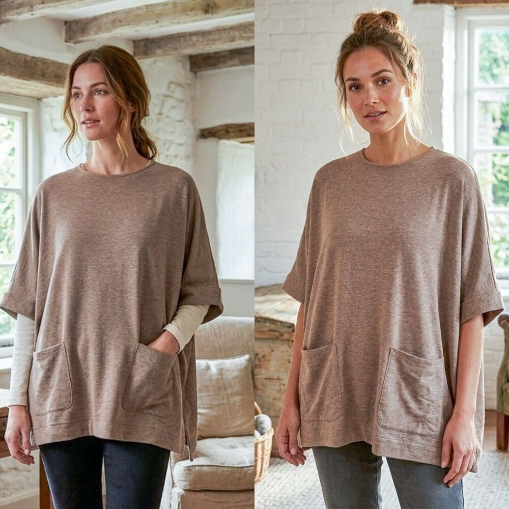 Pure Jill Driftwood Heather Knit Poncho Top with Pockets - Size Small